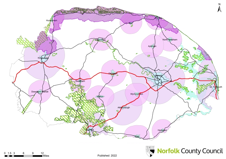 Map 4. 5-mile zones surrounding urban areas and 3-mile zones surrounding main towns