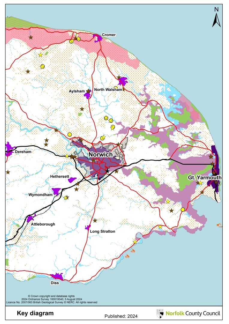 Map of the eastern half of Norfolk on the key diagram showing the location of the urban areas, main towns, sand and gravel resource, Valued Landscape-Area of Outstanding Natural Beauty, the Broads, trunk roads, A-roads, railway lines, flood risk zones 2 and 3, groundwater source protection zone 1, environmental designations, existing mineral infrastructure, existing mineral extraction sites, existing waste management sites, and allocated mineral extraction sites.