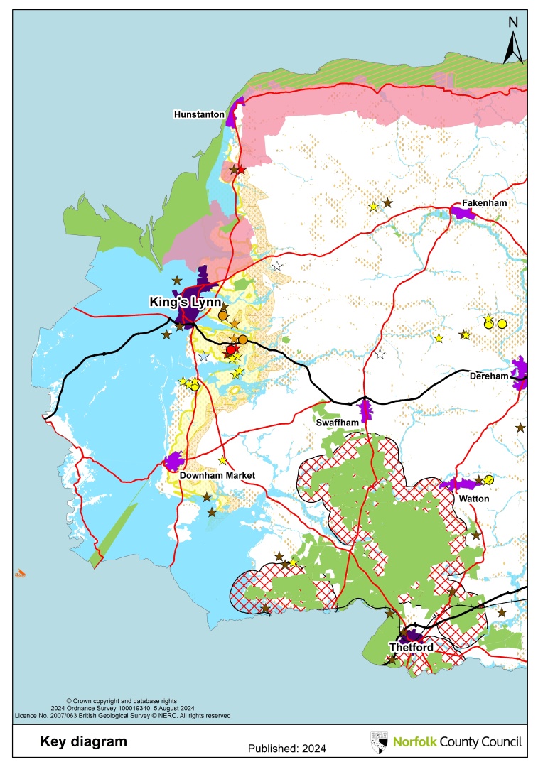 Map of the western half of Norfolk on the key diagram showing the location of the urban areas, main towns, safeguarded mineral, Valued Landscape-Area of Outstanding Natural Beauty, Heritage Coast, trunk roads, A-roads, railway lines, flood risk zones 2 and 3, groundwater source protection zone 1, environmental designations, stone curlew protection zones, existing mineral infrastructure, existing mineral extraction sites, existing waste management sites, and allocated mineral extraction sites.