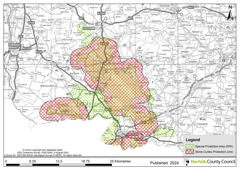 Map showing the Stone Curlew protection zone and the Breckland Special Protection Area in Norfolk